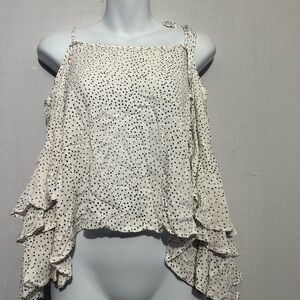 Style Rack Cream Asymmetrical open shoulder Ruffled sleeved Blouse